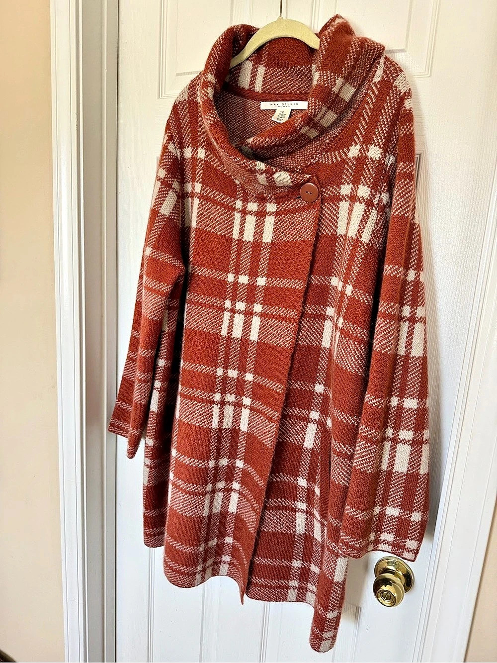 Max Studio Woman Plaid Sweater Coat Rust Cream Cowl Neck Long Cardigan